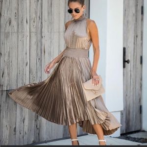 Pleated Satin Champagne Midi Dress